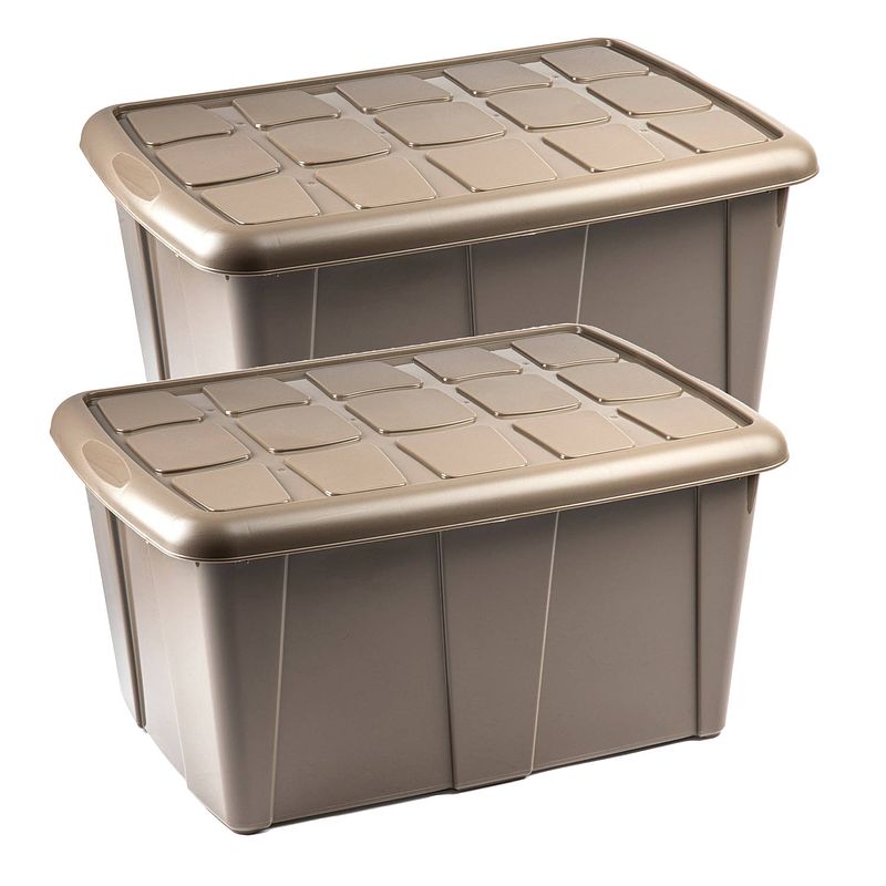 Foto van Plasticforte opslagbox met deksel - 2x - beige - 60l - kunststof - 63 x 46 x 32 cm - opbergbox