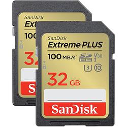 Foto van Sandisk extreme plus 32 gb 2-pack sdhc geheugenkaarten 100 mb/s 60 mb/s uhs-i u3 v30