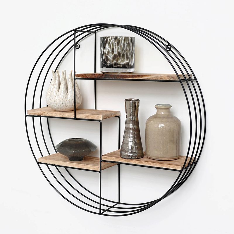 Foto van Zwart metalen wandrek met 4 houten plankjes - rond - 50x11 cm