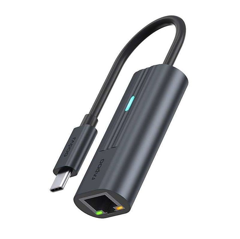 Foto van Rapoo usb-c adapter, usb-c naar gigabit lan, grijs desktop accessoire zwart