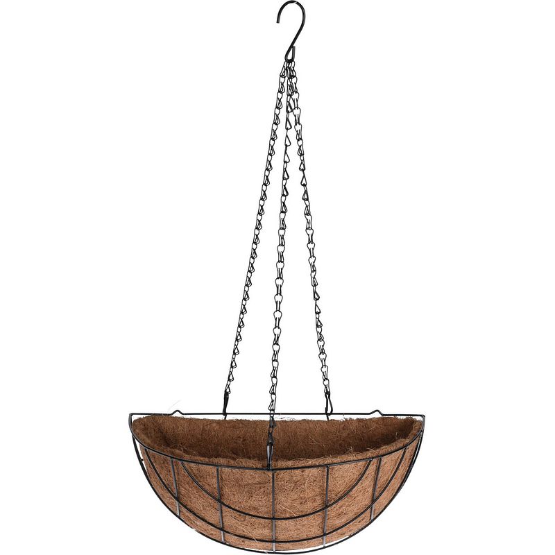 Foto van Metalen hanging basket / plantenbak halfrond zwart met ketting 37 cm - hangende bloemen - plantenbakken