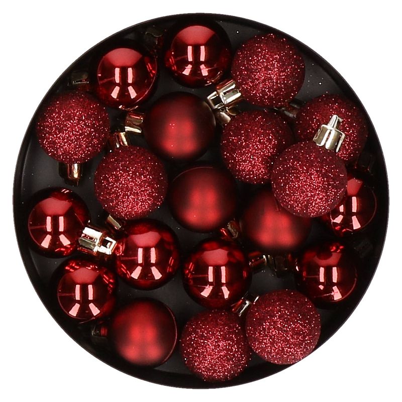 Foto van 20x stuks kleine kunststof kerstballen donkerrood 3 cm - kerstbal