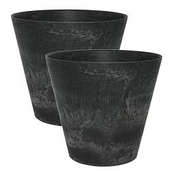 Foto van 2x stuks plantenpot/bloempot in een natuursteen look dia 22 cm en hoogte 20 cm zwart - plantenpotten