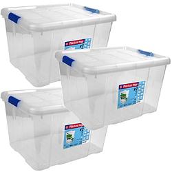 Foto van 3x opbergboxen/opbergdozen met deksel 25 liter kunststof transparant/blauw - opbergbox