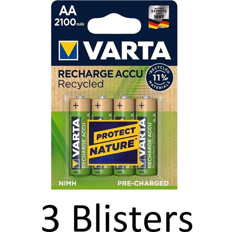 Foto van 12 stuks (3 blisters a 4 st) varta recycled aa oplaadbare batterijen - 2100 mah