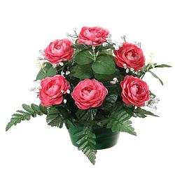 Foto van Louis maes kunstbloemen plantje in pot - roze - 25 cm - bloemstuk ornament - rozen met bladgroen - kunstbloemen