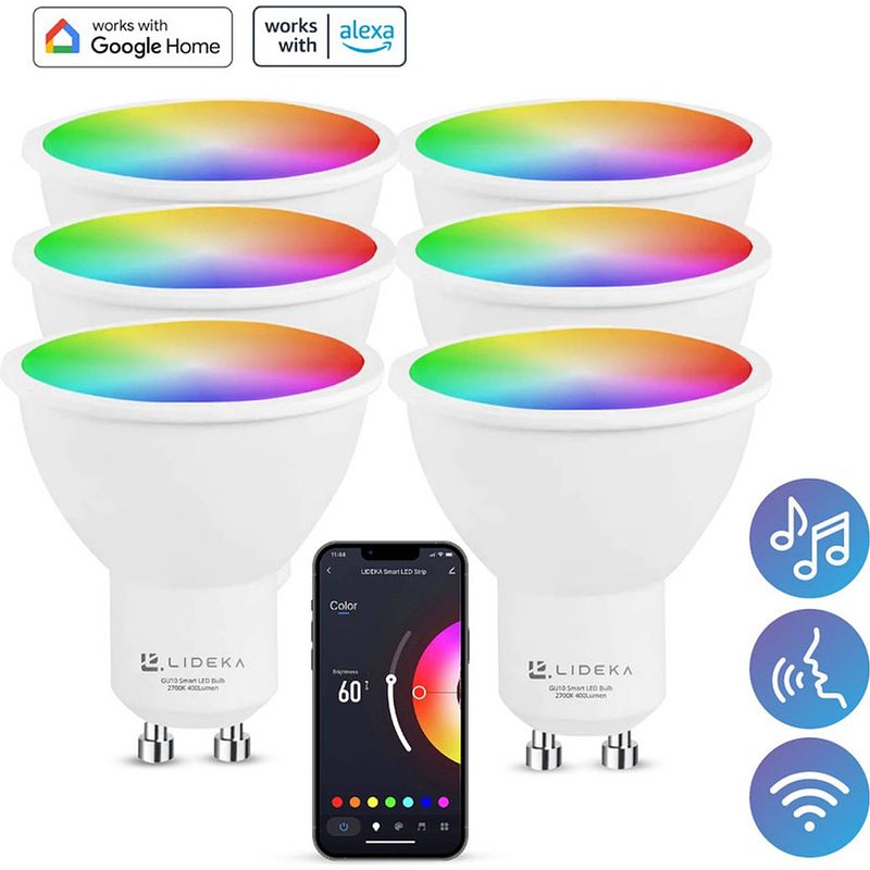 Foto van Lideka® - slimme led smart lampen - spot gu10 - set van 6 - rgbw - google, alexa en siri