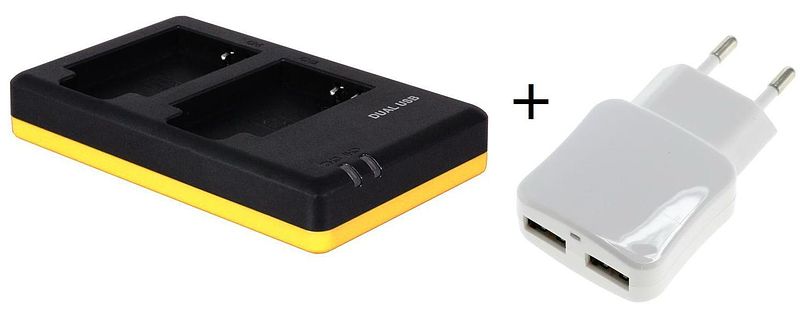 Foto van Duo lader voor 2 camera accu's nikon en-el12 + handige 2 poorts usb 230v adapter