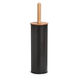 Foto van Wc/toiletborstel in houder - bamboe hout/metaal - zwart - h38 x d10 cm - toiletborstels