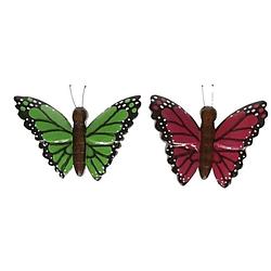 Foto van 2x houten dieren magneten groene en roze vlinder - magneten