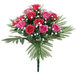 Foto van Louis maes kunstbloemen boeket rozen/gipskruid - roze/cerise - h36 cm - bloemstuk - bladgroen - kunstbloemen