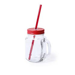 Foto van 1x stuks glazen mason jar drinkbekers rode dop en rietje 500 ml - drinkbekers