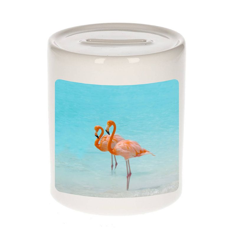 Foto van Dieren foto spaarpot flamingo 9 cm - flamingo vogels spaarpotten jongens en meisjes - spaarpotten