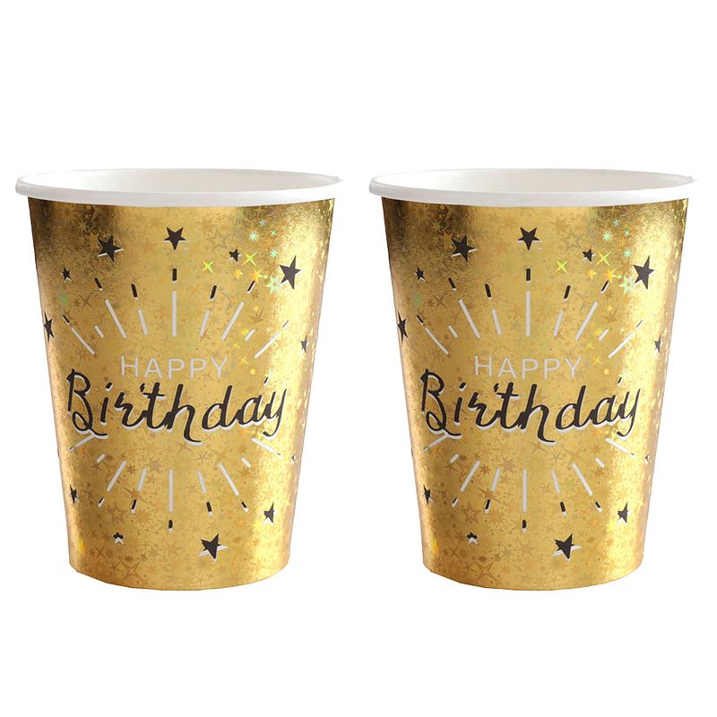 Foto van Verjaardag feest bekertjes happy birthday - 20x - goud - karton - 270 ml - feestbekertjes