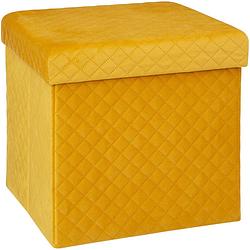 Foto van Atmosphera poef/hocker/voetenbankje - opbergbox - fluweel geel - po/mdf - 31 x 31 x 31 cm - poefs