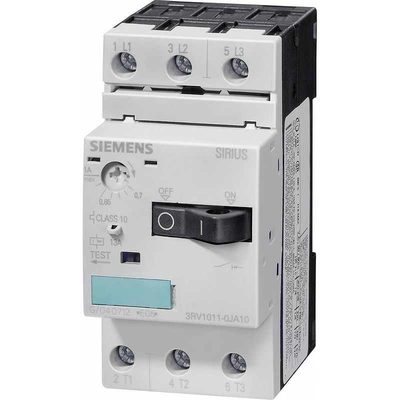 Foto van Siemens 3rv1011-0fa10 vermogensschakelaar 1 stuk(s) 3x no instelbereik (stroomsterkte): 0.35 - 0.5 a schakelspanning (max.): 690 v/ac (b x h x d) 45 x 90 x 81