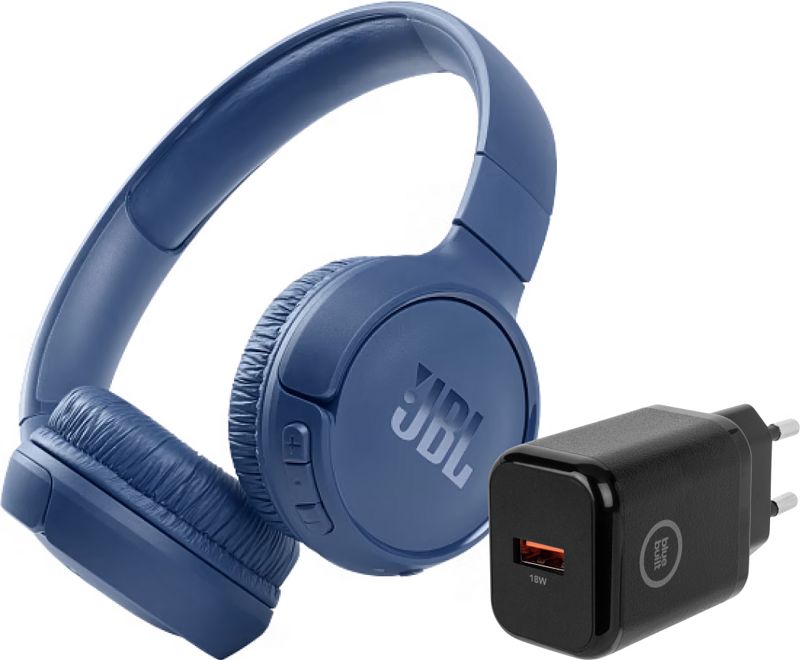 Foto van Jbl tune 510bt blauw + bluebuilt quick charge oplader met usb a poort 18w zwart