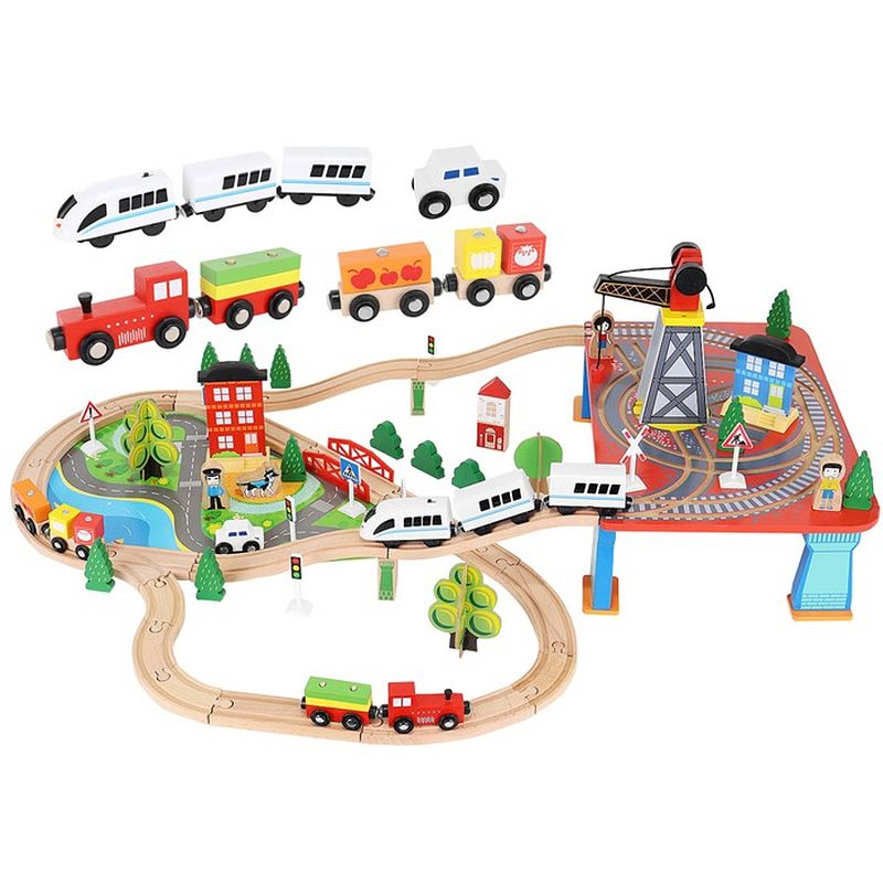 Foto van Kruzzel houten speelgoed treinset 88 delig met elektrische trein - treinspeelgoed
