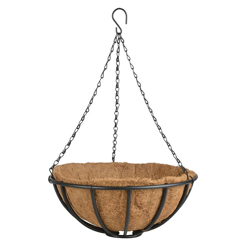 Foto van Metalen hanging basket / plantenbak zwart met ketting 35 cm - hangende bloemen - plantenbakken