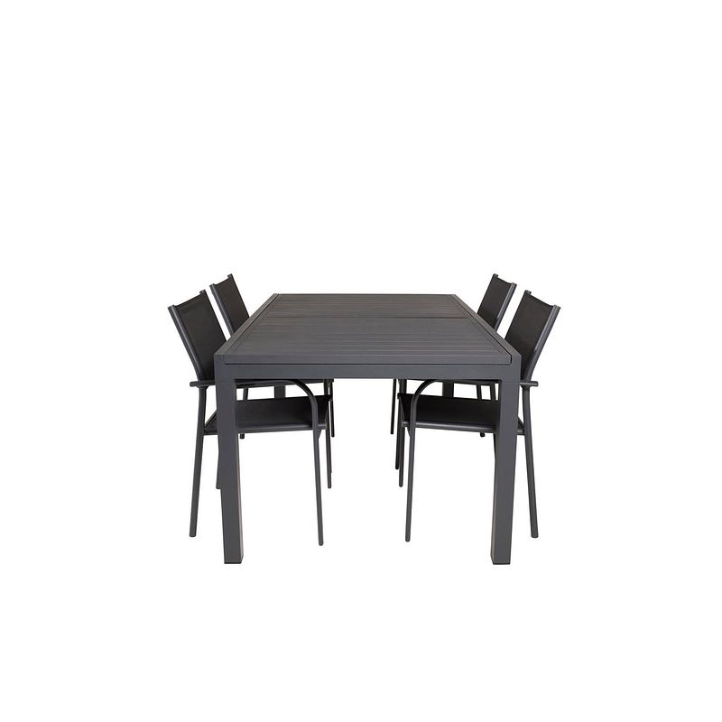 Foto van Marbella tuinmeubelset tafel 100x160/240cm en 4 stoel santorini zwart.