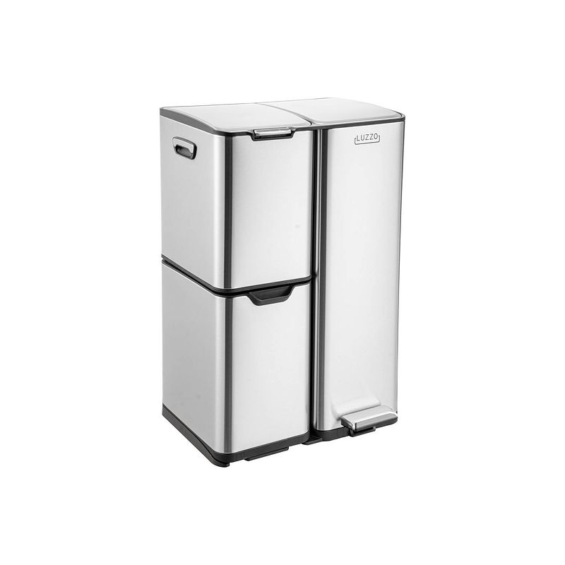 Foto van Luzzo® ohio 60 ltr afvalscheidingsprullenbak rvs - pedaalemmer met soft close deksel - 3 bakken - zilver