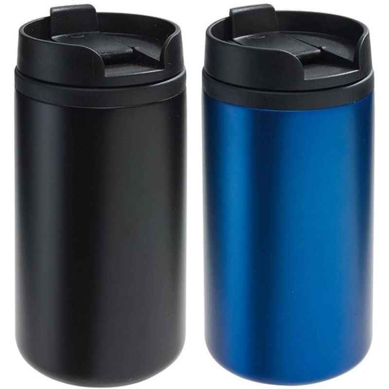 Foto van Set van 2x thermosbekers/warmhoudbekers zwart en blauw 290 ml - thermosbeker