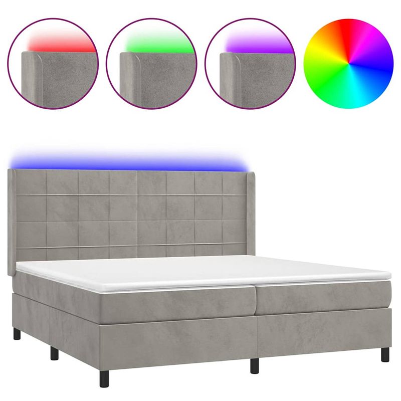 Foto van The living store boxspring bed lichtgrijs fluweel 203x203cm - verstelbaar hoofdbord - led-verlichting - pocketvering