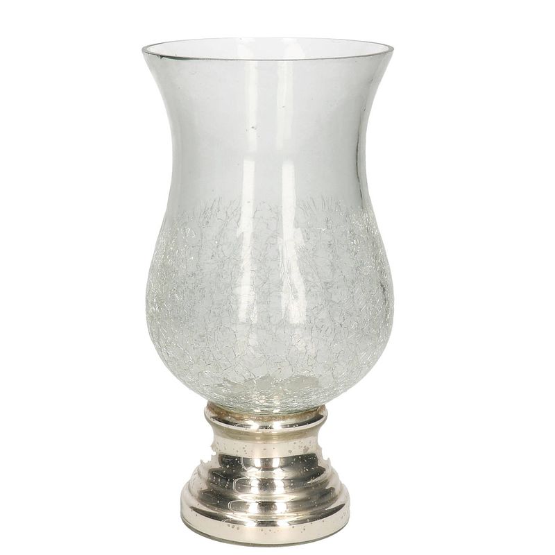 Foto van Craquele glazen kaarsenhouder voor theelichtjes/waxinelichtjes met zilveren voet 26,5 x 13,5 cm - waxinelichtjeshouders