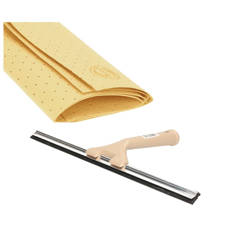 Foto van Ramenlap schoonmaak set beige raamtrekker 35 cm en sorbo gaatjeszeem - raamwissers