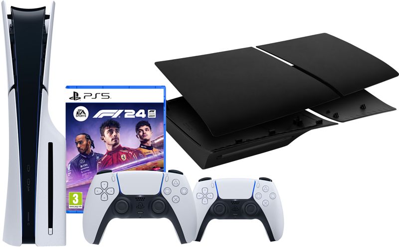 Foto van Playstation 5 slim disc edition + f1 24 + covers zwart + extra controller wit