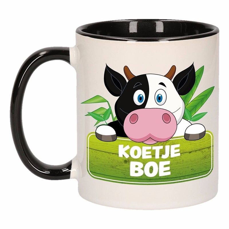 Foto van 1x koetje boe beker / mok - zwart met wit - 300 ml keramiek - koeien bekers