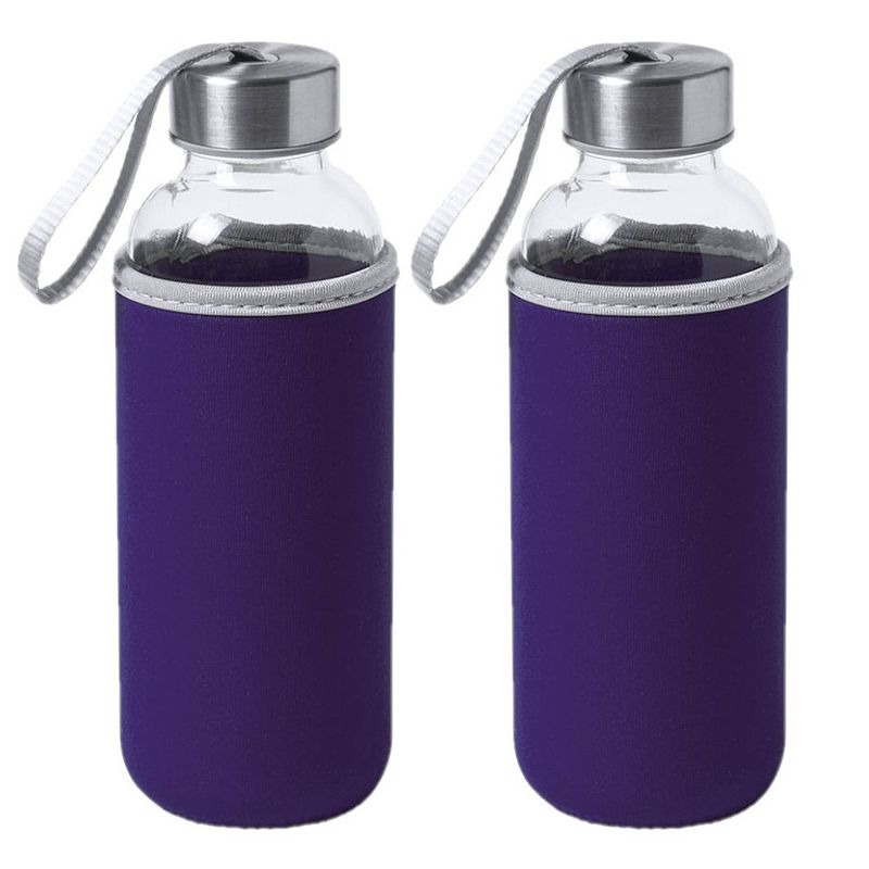 Foto van 2x stuks glazen waterfles/drinkfles met paarse softshell bescherm hoes 420 ml - drinkflessen