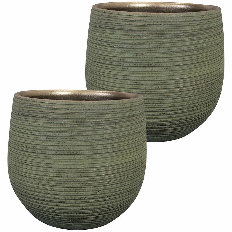 Foto van 2x stuks plantenpot/bloempot keramiek donkergroen stripes relief - d26/h25 cm - plantenpotten