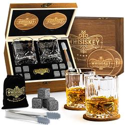 Foto van Whisiskey luxe whiskey set - incl. 2 whiskey glazen, 8 whiskey stones, 2 onderzetters, fluwelen opbergzak, opbergbox