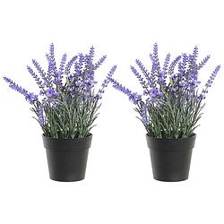 Foto van Items lavendel bloemen kunstplant in bloempot - 2x - paarse bloemen - 15 x 27 cm - bloemstukje - kunstplanten