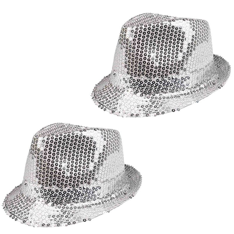 Foto van 2x stuks trilby hoeden met pailletten - zilver - glitter - verkleedhoofddeksels