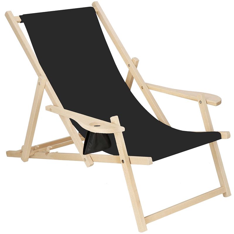 Foto van Ligbed strandstoel ligstoel verstelbaar armleuningen beukenhout handgemaakt zwart