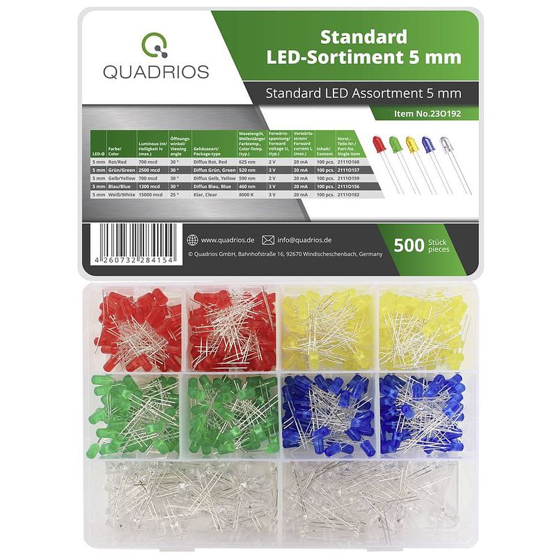 Foto van Quadrios 23o192 led-assortiment rood, groen, geel, blauw, wit 20 ma 2 v, 3 v