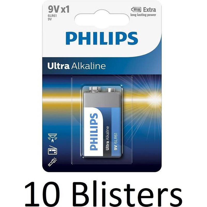 Foto van 10 stuks (10 blisters a 1 st) philips ultra alkaline 9v