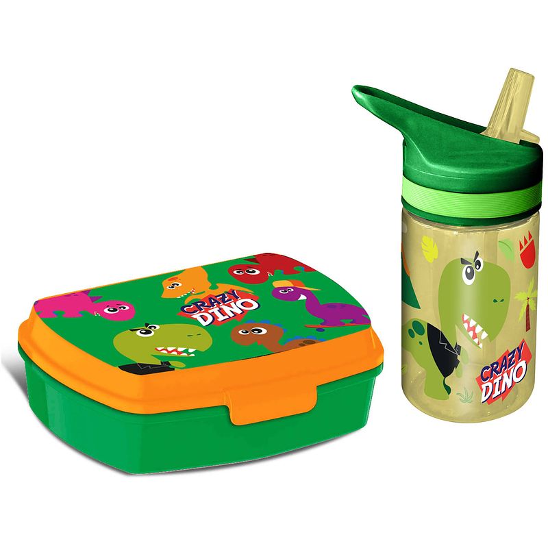 Foto van Crazy dino lunchbox set voor kinderen - 2-delig - groen - kunststof - lunchboxen