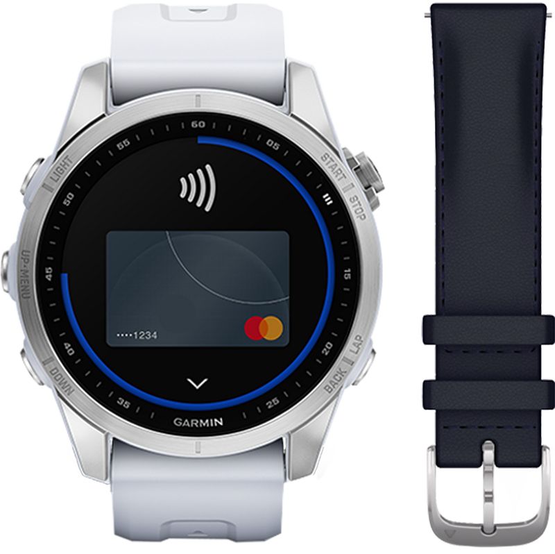 Foto van Garmin fenix 7s zilver/wit 42mm + garmin leren bandje blauw 20mm