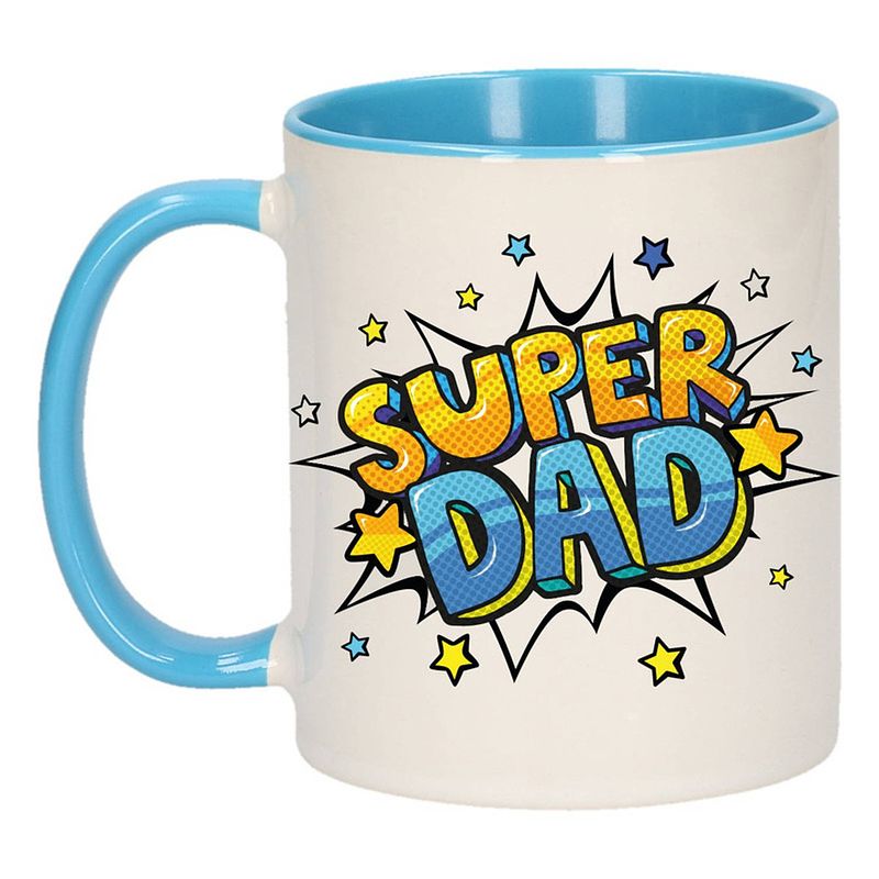 Foto van Super dad cadeau mok / beker wit en blauw met sterren 300 ml - feest mokken