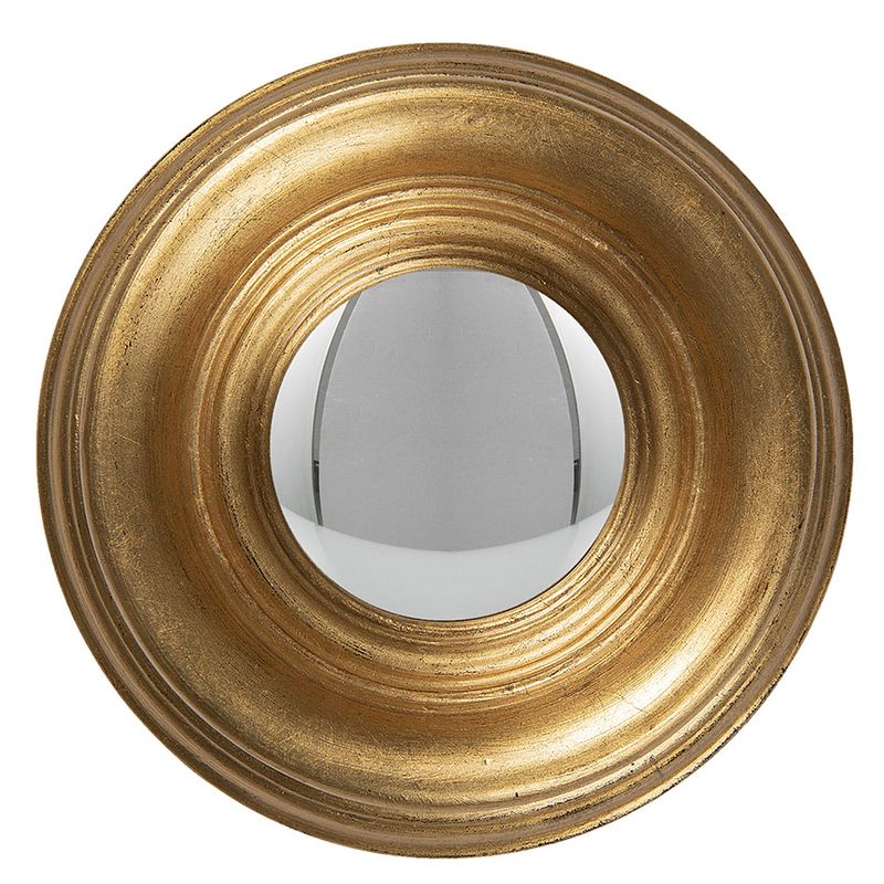 Foto van Haes deco - bolle ronde spiegel - goudkleurig - ø 21x4 cm - hout / glas - wandspiegel, spiegel rond, convex glas