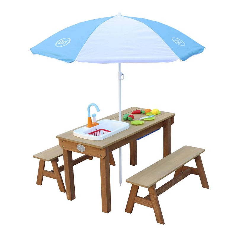 Foto van Axi dennis zand & water picknicktafel van hout in bruin watertafel & zandtafel met speelkeuken incl. wastafel, parasol