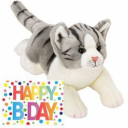 Foto van Pluche knuffel grijs/witte kat/poes 33 met a5-size happy birthday wenskaart - knuffel huisdieren