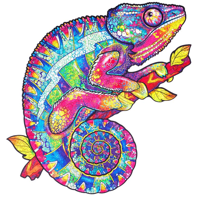 Foto van Unidragon houten puzzel dier - regenboogkleurige kameleon - 700 stukjes - royal size 46x68 cm