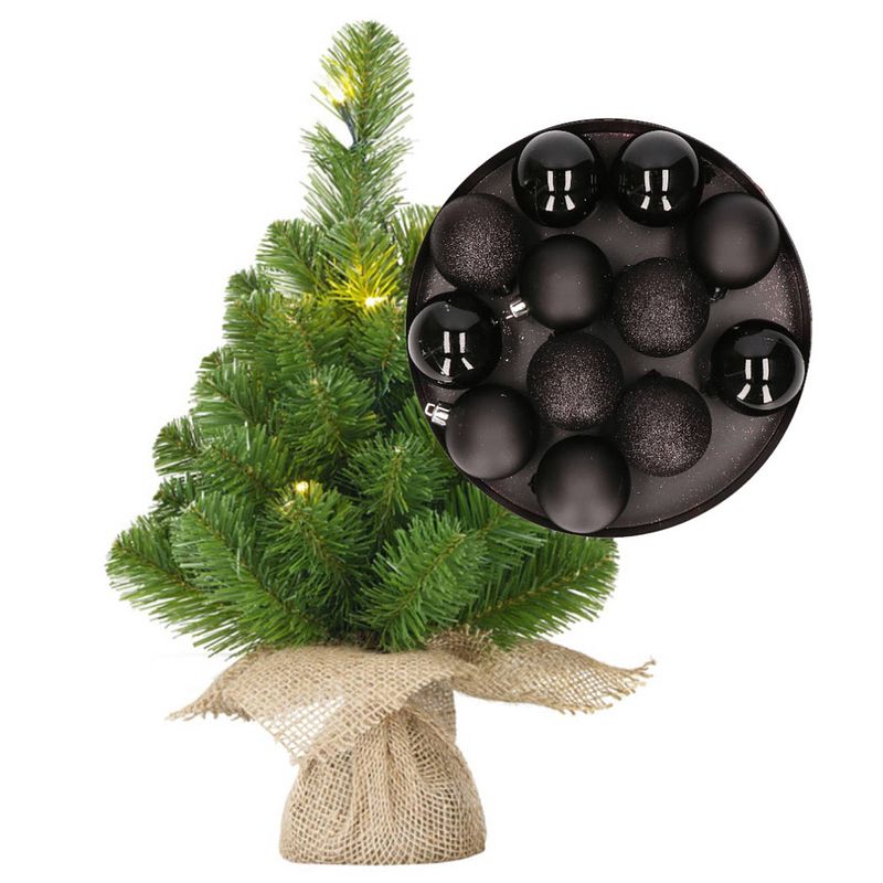 Foto van Mini kerstboom/kunstboom met verlichting 45 cm en inclusief kerstballen zwart - kunstkerstboom