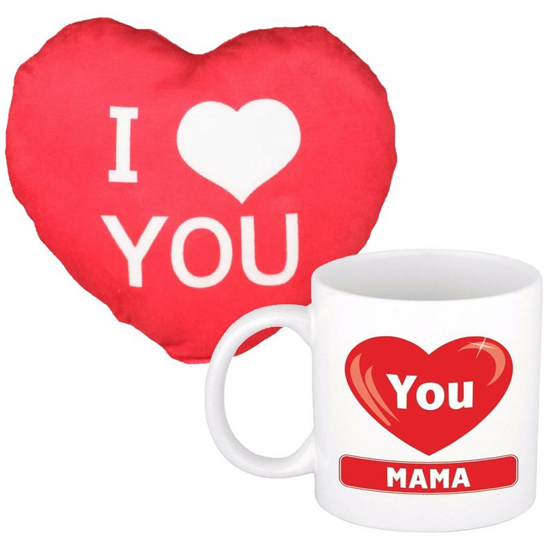 Foto van I love you mama mok/beker 300 ml incl. sierkussentje hart vorm 12 cm - feest mokken