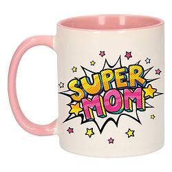 Foto van Super mom cadeau mok / beker wit en roze met sterren 300 ml - feest mokken