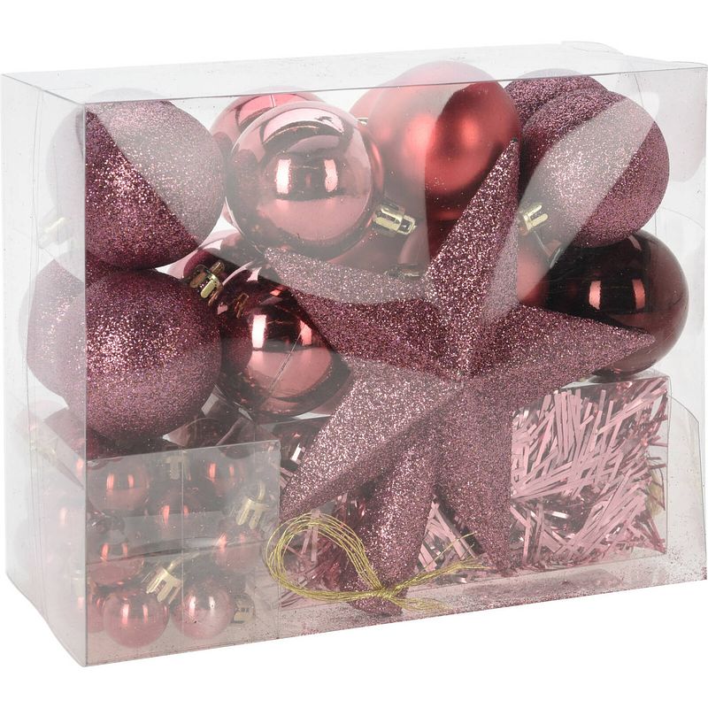 Foto van Christmas decorations kerstballen set 54-dlg - roze - voor kleine boom - kerstbal